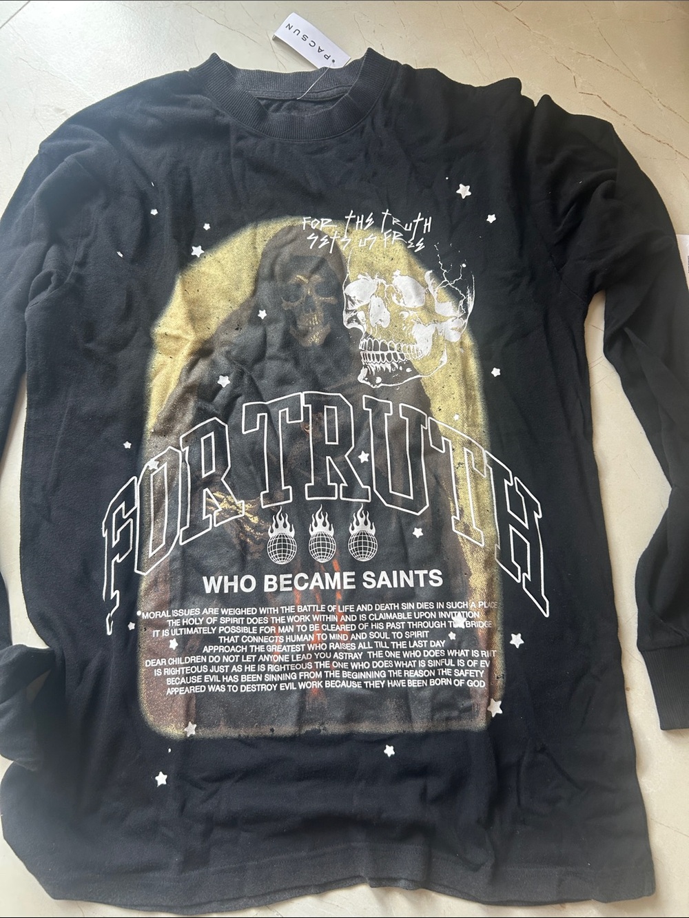 PacSun Black Graphic Long Sleeve Tee with Gold & White Print l net